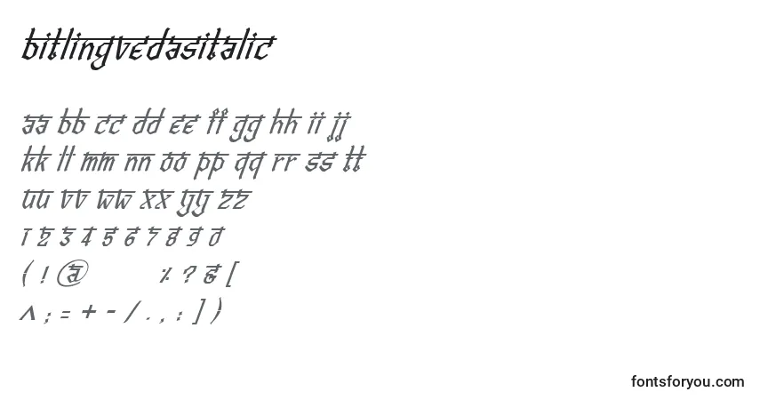 Schriftart BitlingvedasItalic – Alphabet, Zahlen, spezielle Symbole