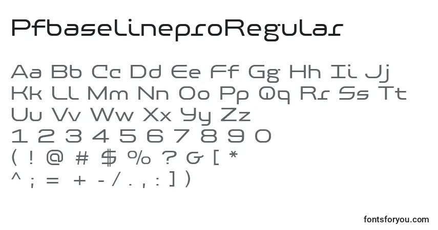 Czcionka PfbaselineproRegular – alfabet, cyfry, specjalne znaki