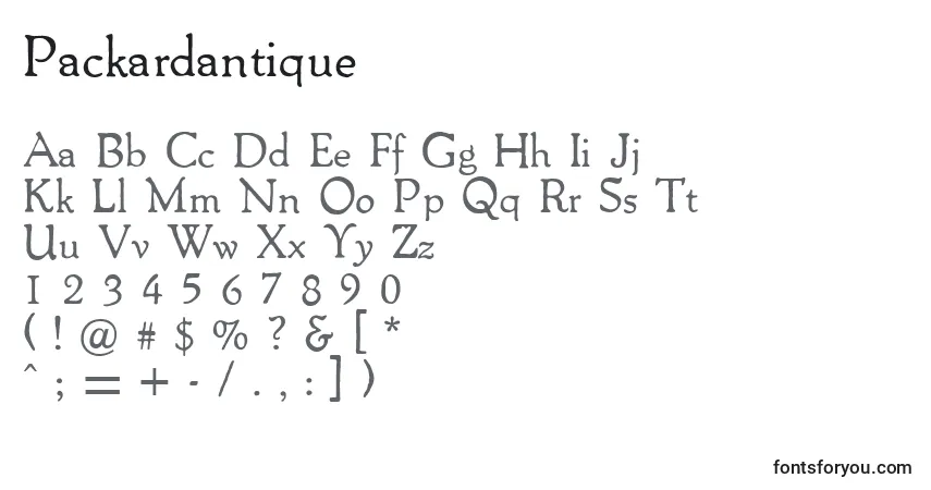 Schriftart Packardantique – Alphabet, Zahlen, spezielle Symbole