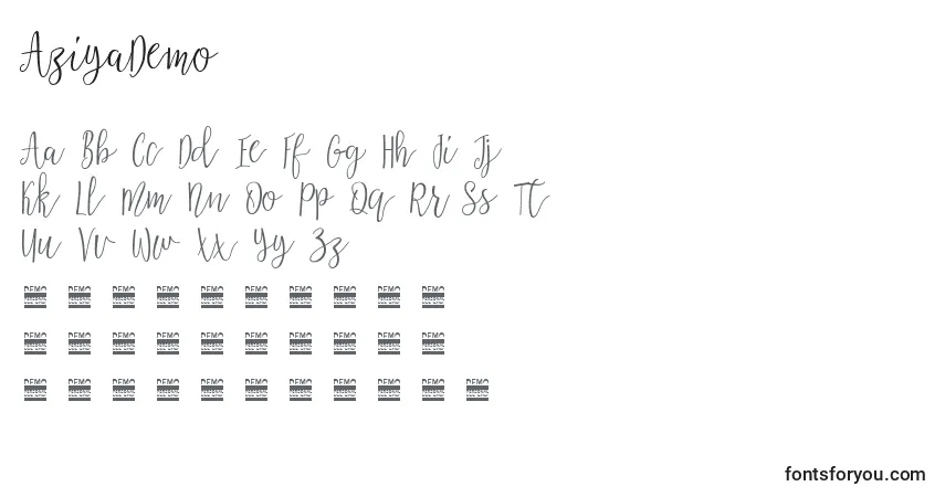 A fonte AziyaDemo – alfabeto, números, caracteres especiais
