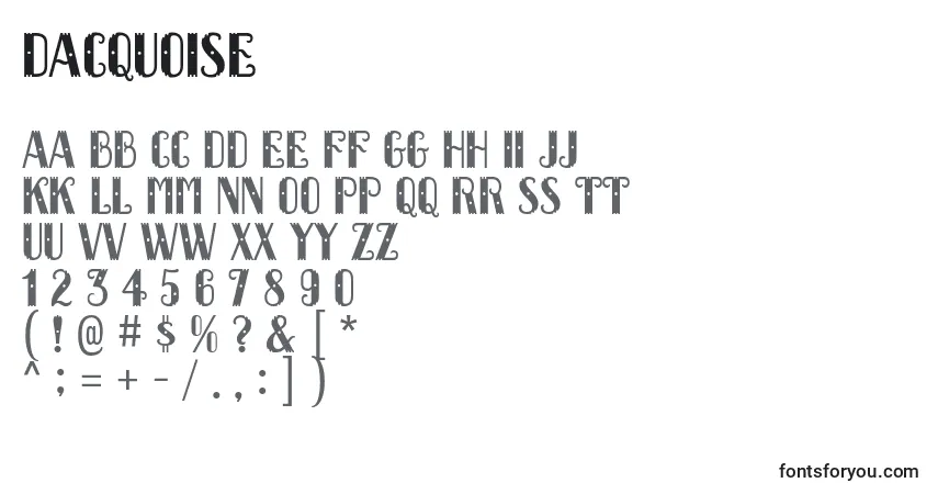 Czcionka Dacquoise – alfabet, cyfry, specjalne znaki