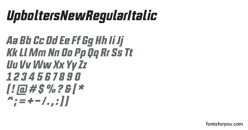 A fonte UpboltersNewRegularItalic – alfabeto, números, caracteres especiais