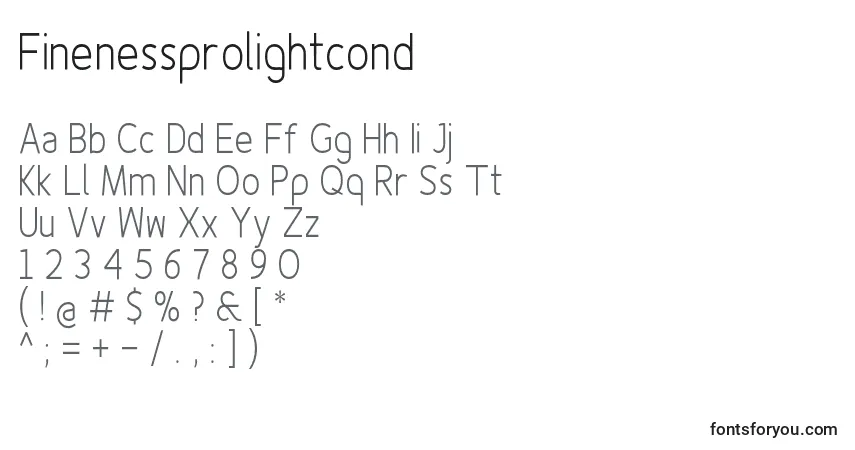 Czcionka Finenessprolightcond – alfabet, cyfry, specjalne znaki