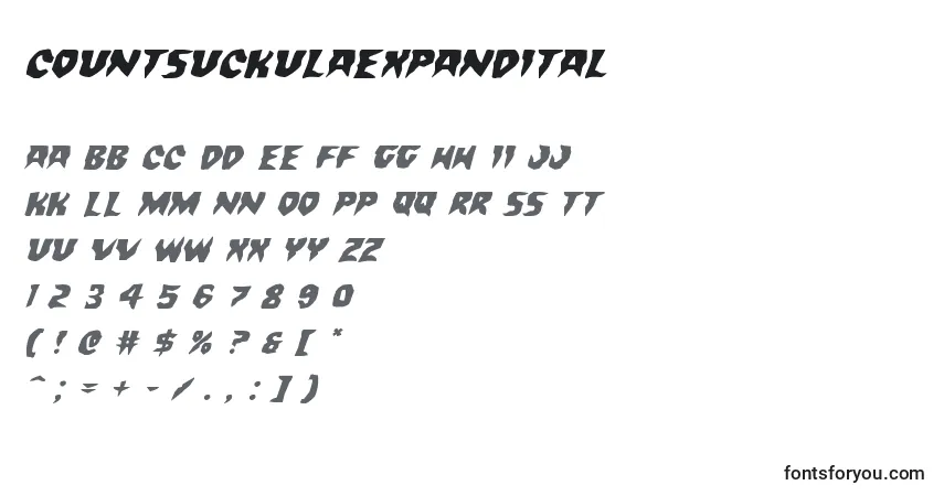 Czcionka Countsuckulaexpandital – alfabet, cyfry, specjalne znaki
