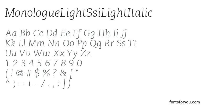 Шрифт MonologueLightSsiLightItalic – алфавит, цифры, специальные символы
