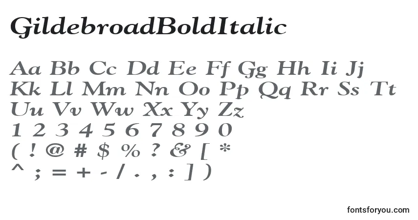 Czcionka GildebroadBoldItalic – alfabet, cyfry, specjalne znaki