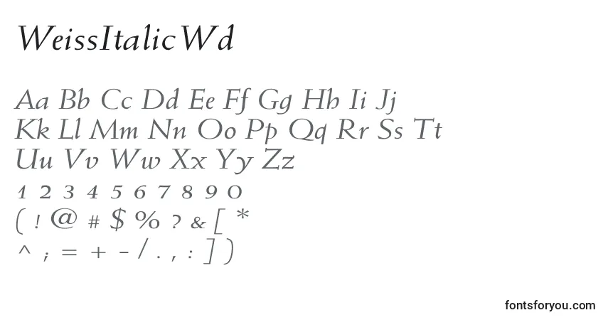 A fonte WeissItalicWd – alfabeto, números, caracteres especiais