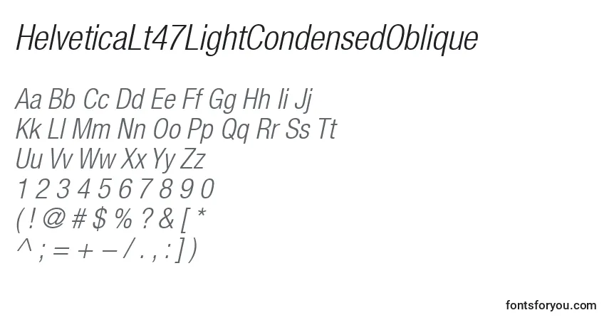 A fonte HelveticaLt47LightCondensedOblique – alfabeto, números, caracteres especiais