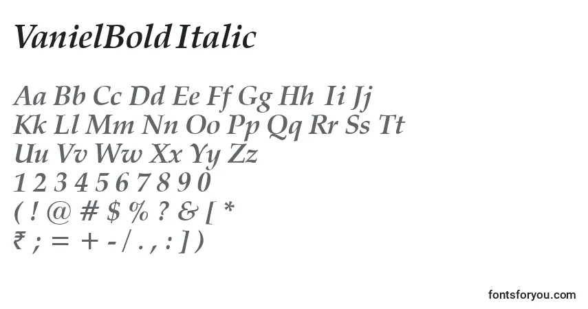 Schriftart VanielBoldItalic – Alphabet, Zahlen, spezielle Symbole