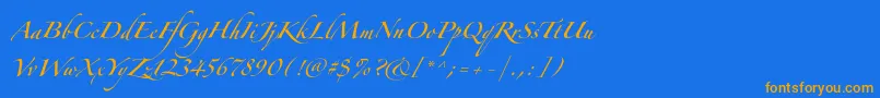 フォントZapfinoforteltpro – オレンジ色の文字が青い背景にあります。