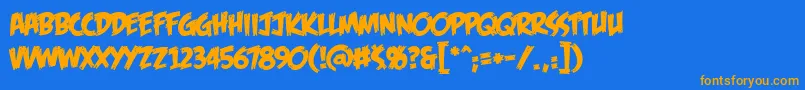 FeastOfFleshBb-Schriftart – Orangefarbene Schriften auf blauem Hintergrund