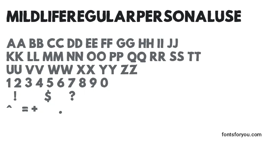 A fonte MildLifeRegularPersonalUse (112441) – alfabeto, números, caracteres especiais