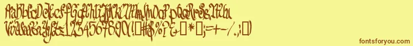 フォントTpfSenselessStrokes – 茶色の文字が黄色の背景にあります。