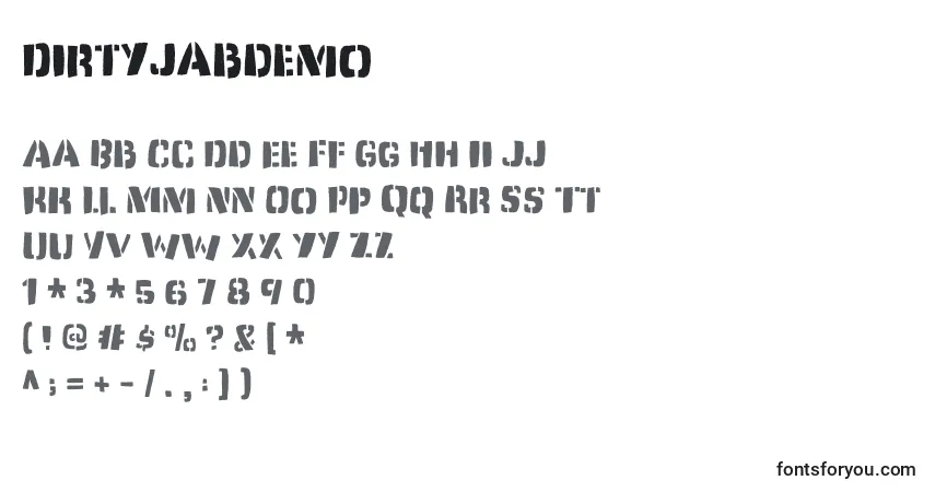 A fonte Dirtyjabdemo – alfabeto, números, caracteres especiais