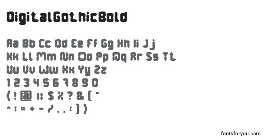 A fonte DigitalGothicBold – alfabeto, números, caracteres especiais