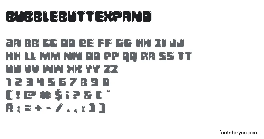 Schriftart Bubblebuttexpand – Alphabet, Zahlen, spezielle Symbole