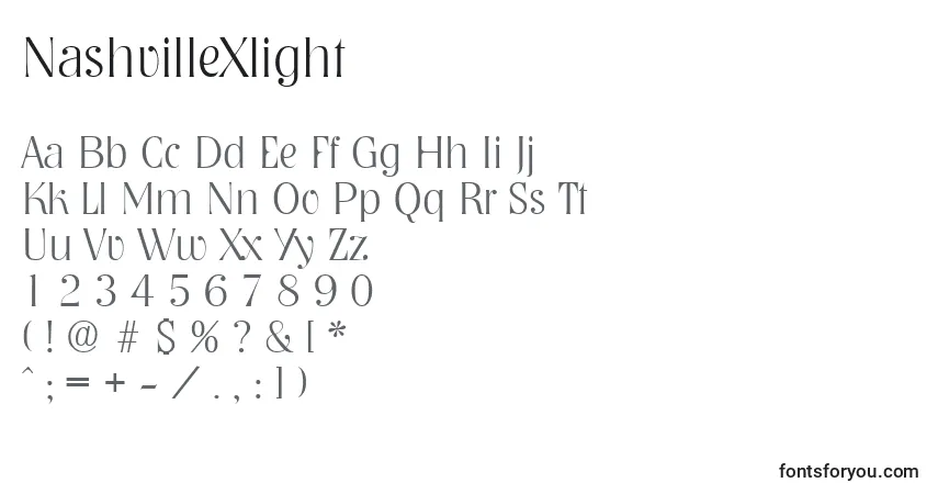 Czcionka NashvilleXlight – alfabet, cyfry, specjalne znaki