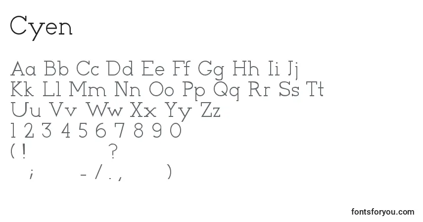 Schriftart Cyen – Alphabet, Zahlen, spezielle Symbole