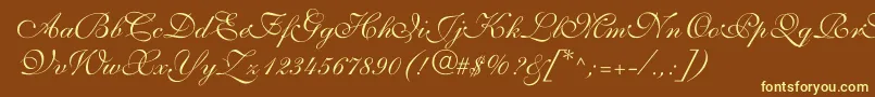 ShelleyvolantescriptNormal-Schriftart – Gelbe Schriften auf braunem Hintergrund