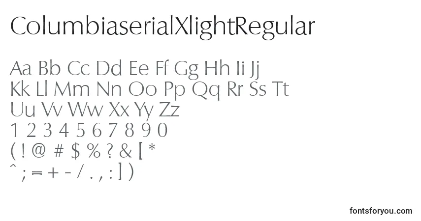 Schriftart ColumbiaserialXlightRegular – Alphabet, Zahlen, spezielle Symbole