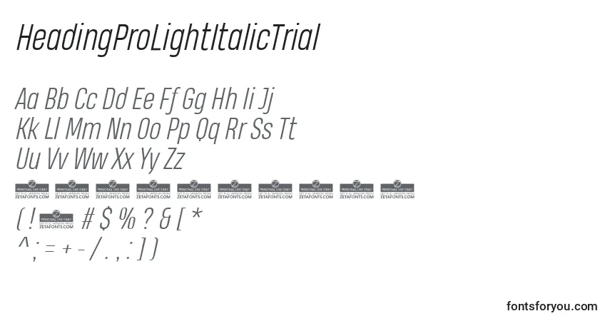 A fonte HeadingProLightItalicTrial – alfabeto, números, caracteres especiais