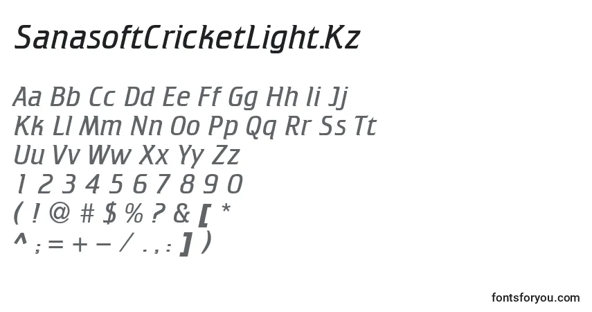 A fonte SanasoftCricketLight.Kz – alfabeto, números, caracteres especiais
