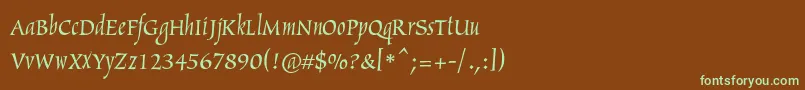 フォントArthurc – 緑色の文字が茶色の背景にあります。