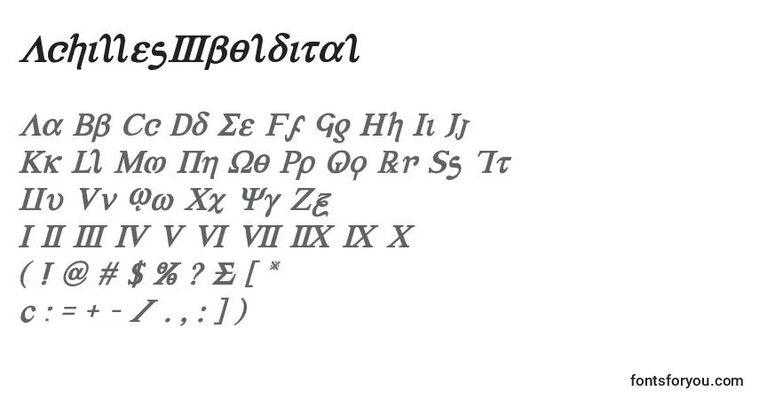 Czcionka Achilles3boldital – alfabet, cyfry, specjalne znaki