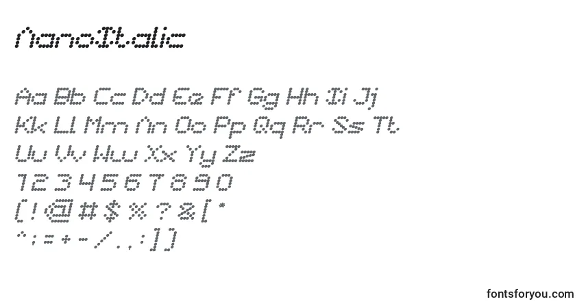 Schriftart NanoItalic – Alphabet, Zahlen, spezielle Symbole