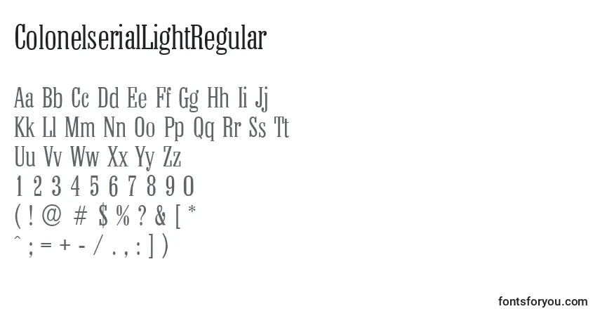 Czcionka ColonelserialLightRegular – alfabet, cyfry, specjalne znaki
