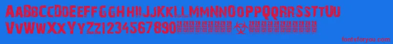 28DaysLaterCyr-fontti – punaiset fontit sinisellä taustalla