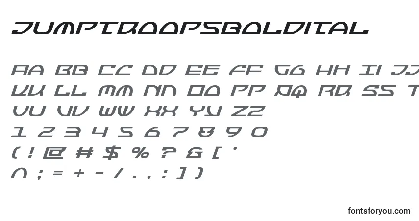 Шрифт Jumptroopsboldital – алфавит, цифры, специальные символы