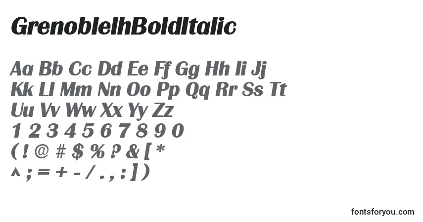 A fonte GrenoblelhBoldItalic – alfabeto, números, caracteres especiais