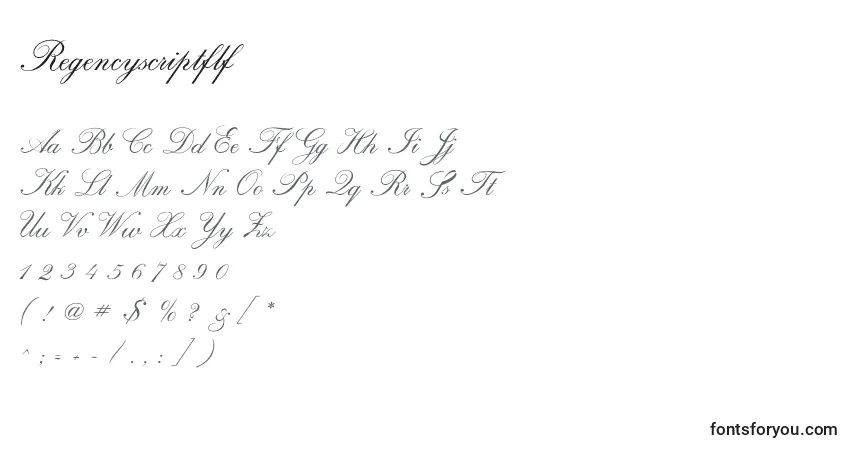 Czcionka Regencyscriptflf – alfabet, cyfry, specjalne znaki