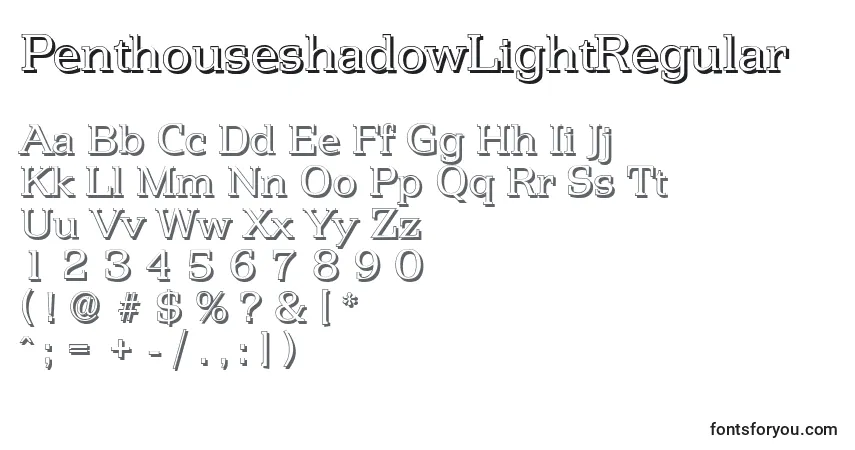Шрифт PenthouseshadowLightRegular – алфавит, цифры, специальные символы
