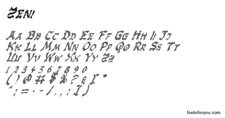 Шрифт Zeni – алфавит, цифры, специальные символы