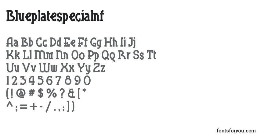 A fonte Blueplatespecialnf (112677) – alfabeto, números, caracteres especiais