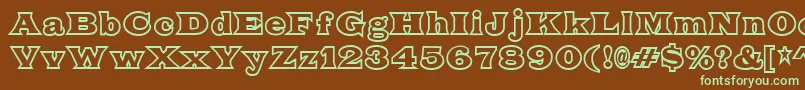 フォントFatLegsOutline – 緑色の文字が茶色の背景にあります。