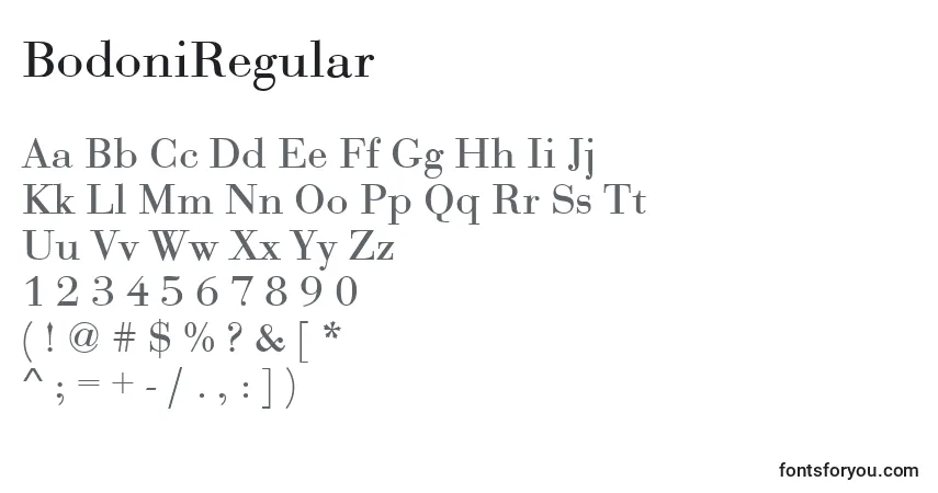 Czcionka BodoniRegular – alfabet, cyfry, specjalne znaki