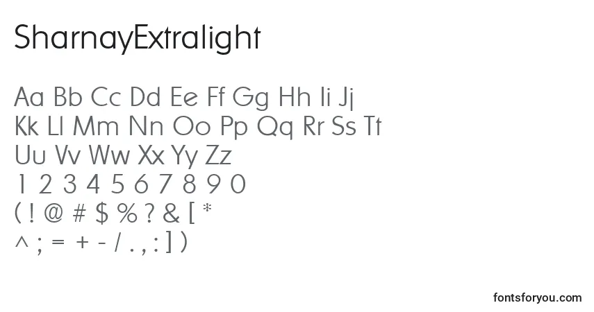 A fonte SharnayExtralight – alfabeto, números, caracteres especiais