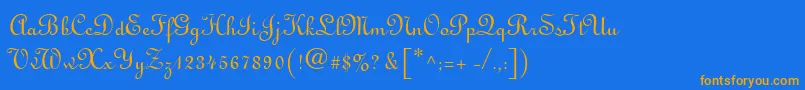 フォントMonasteryScriptSsi – オレンジ色の文字が青い背景にあります。