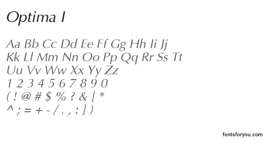 Czcionka Optima I – alfabet, cyfry, specjalne znaki