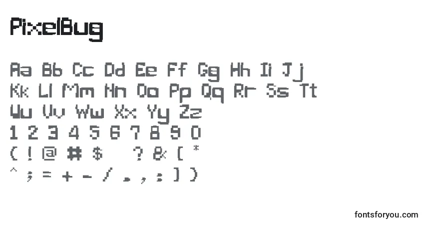 A fonte PixelBug – alfabeto, números, caracteres especiais