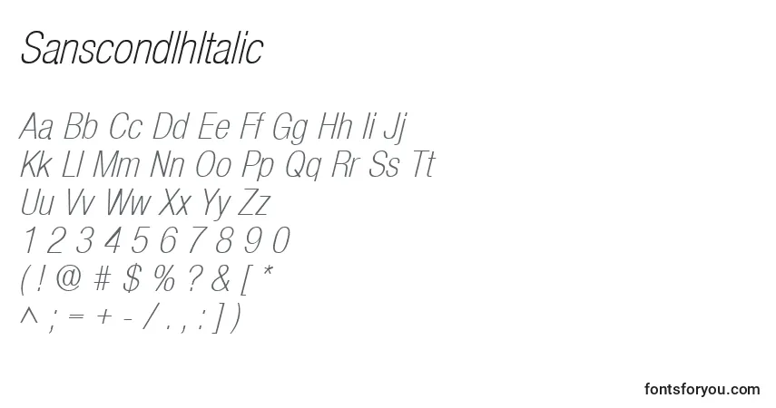 Czcionka SanscondlhItalic – alfabet, cyfry, specjalne znaki