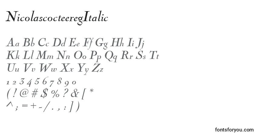 A fonte NicolascocteeregItalic – alfabeto, números, caracteres especiais