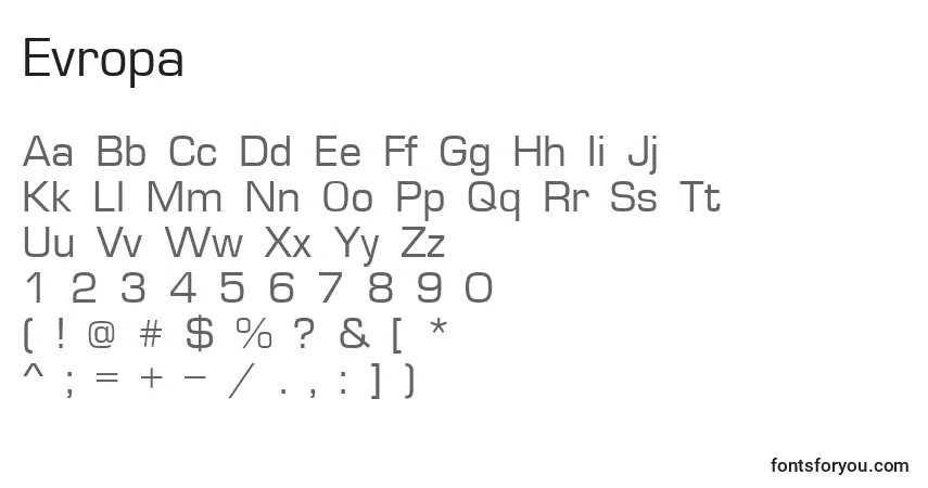 Шрифт Evropa – алфавит, цифры, специальные символы