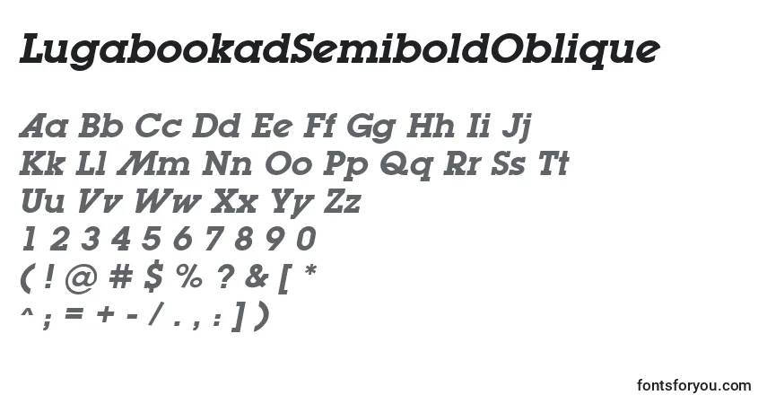 Czcionka LugabookadSemiboldOblique – alfabet, cyfry, specjalne znaki