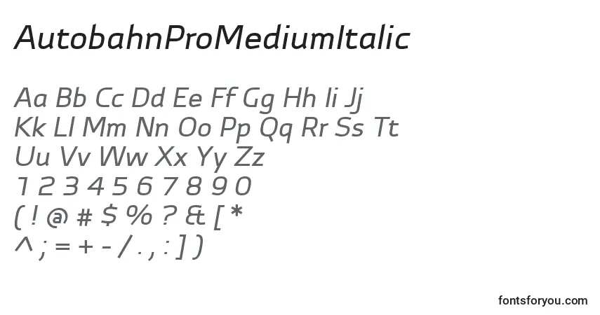 Czcionka AutobahnProMediumItalic – alfabet, cyfry, specjalne znaki