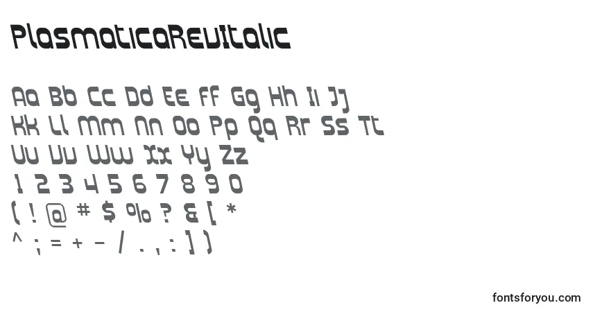 Schriftart PlasmaticaRevItalic – Alphabet, Zahlen, spezielle Symbole