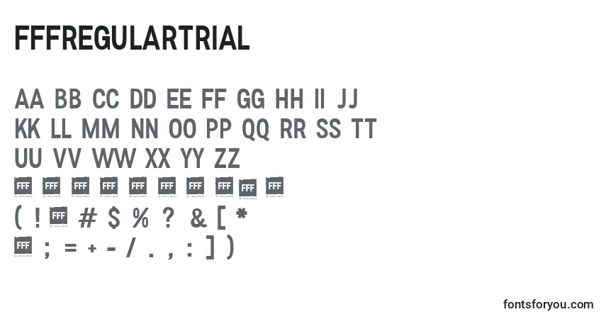 Czcionka FffRegularTrial – alfabet, cyfry, specjalne znaki